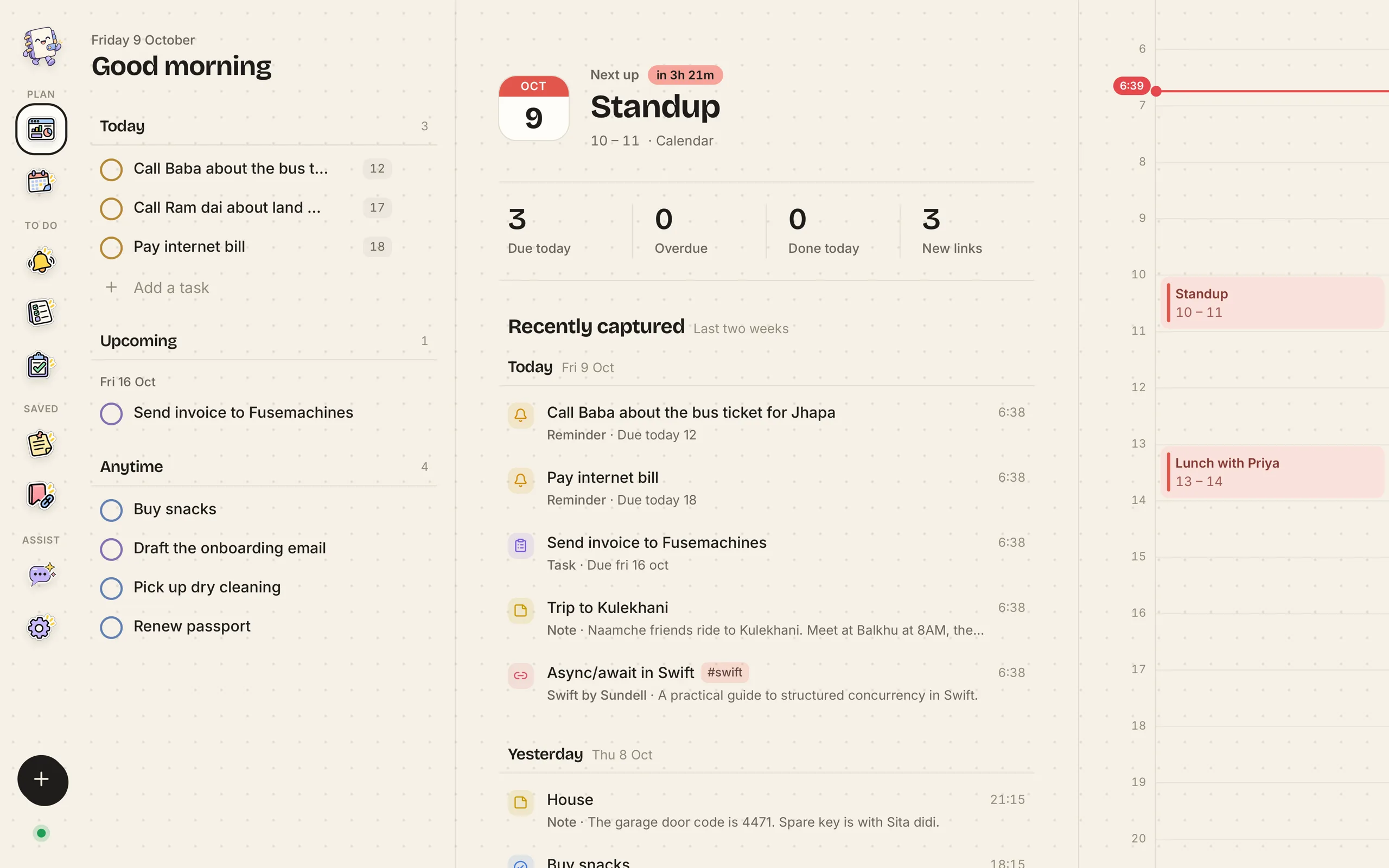 Tablio dashboard: today's tasks, the next event, recently captured items and a day calendar