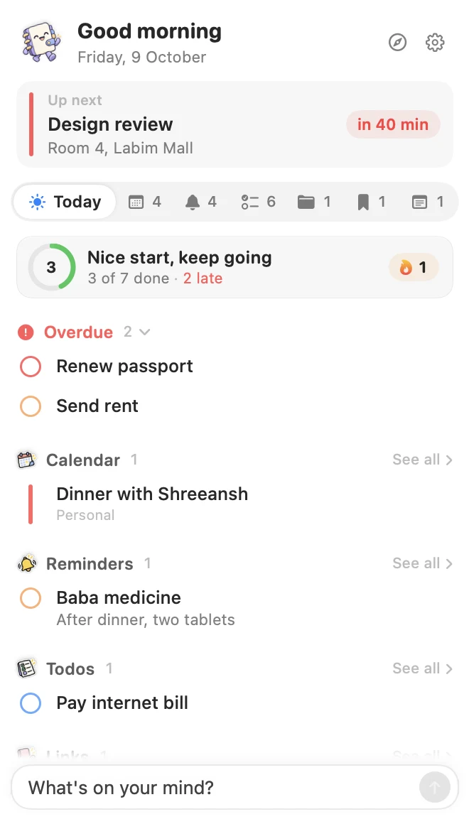Tablio menu bar popover showing today's progress, overdue items and the calendar